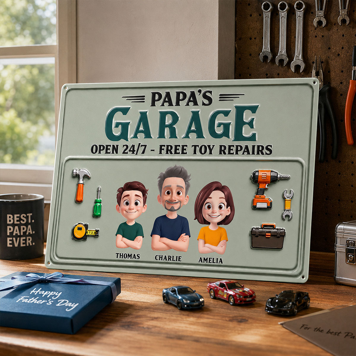 Dad's Garage Open 24/7 Free Toy Repairs - Personalized Metal Sign - Heartfelt Gift For Dad, Grandpa, Husband