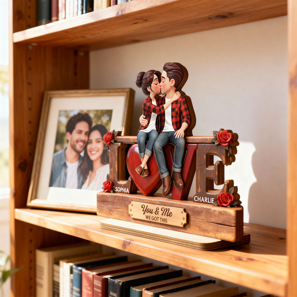 Eternal Rose LOVE Couple Forever Together - Personalized 2-Layered Wooden Plaque - Heartfelt Gift For Couple, For Him, For Her