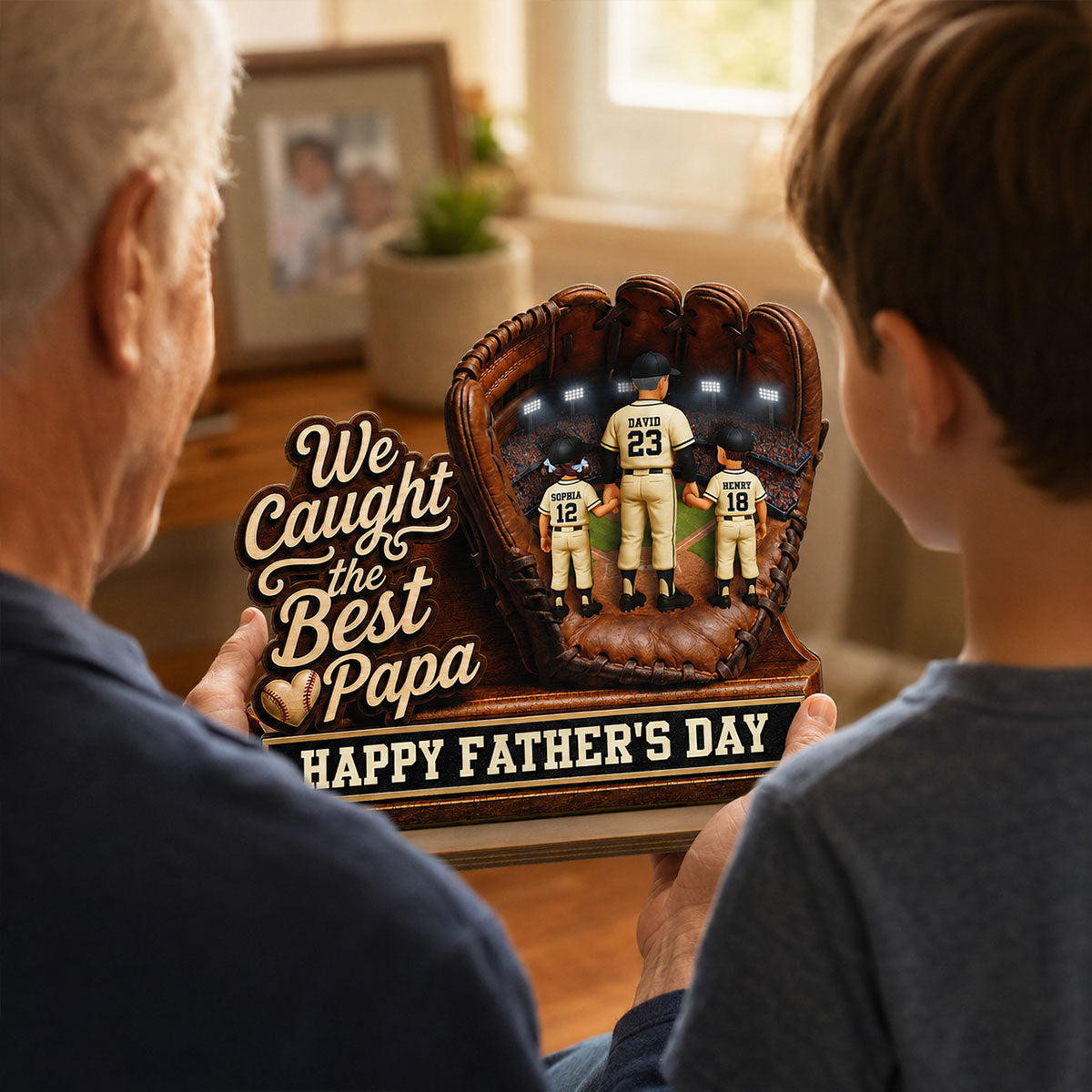 We Caught The Best Grandpa Man & Kids In Glove - Personalized 2-Layered Wooden Plaque - Happy  For Baseball Grandpa