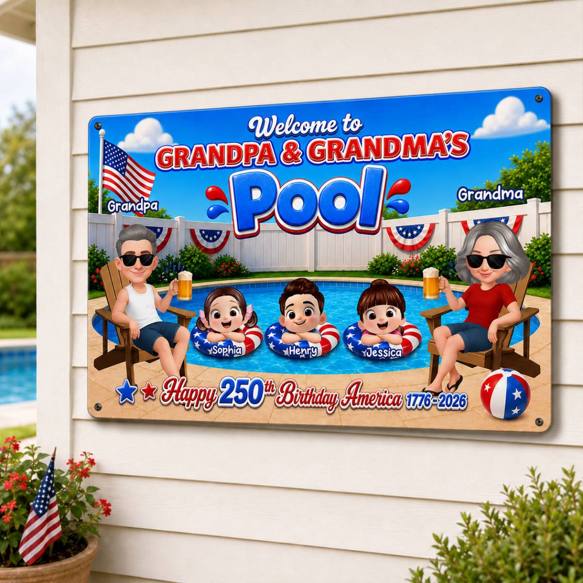Welcome To Grandma Grandpa Pool America 250th Anniversary - Personalized Metal Sign - Gift For Grandparents, Summer Decoration