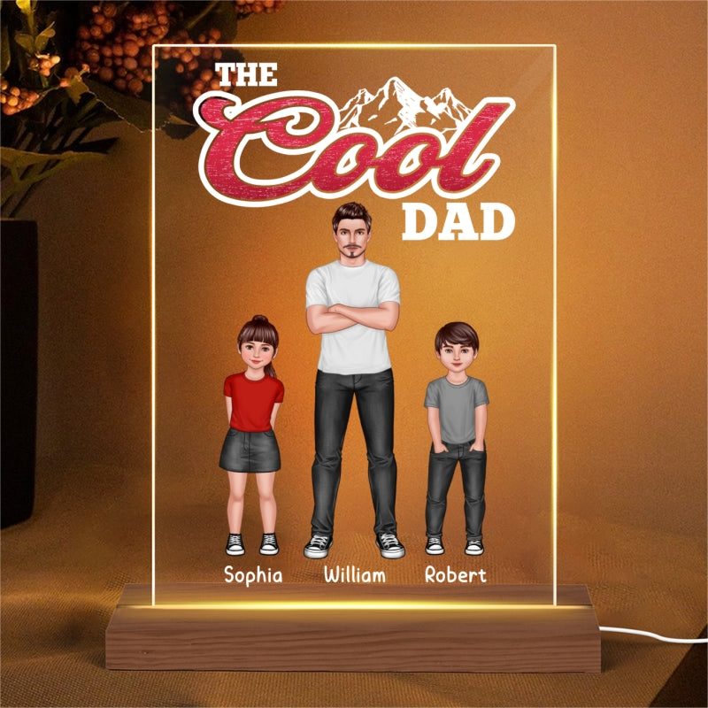 The Cool Dad Man And Kids Standing Front View Personalized Rectangle Acrylic LED Night Light