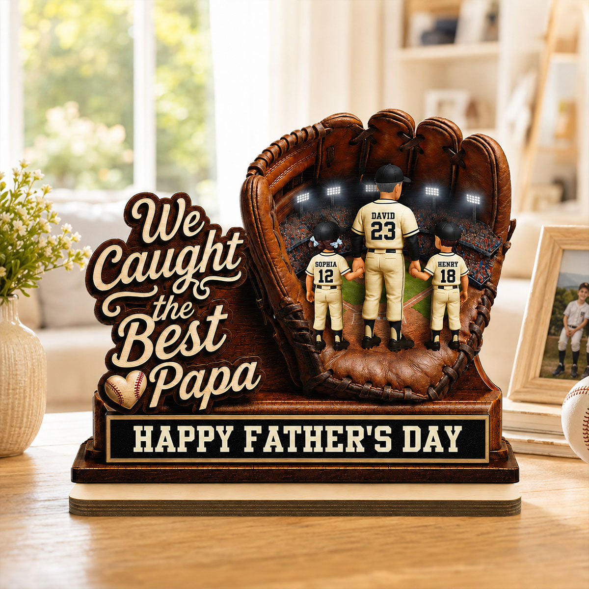 We Caught The Best Grandpa Man & Kids In Glove - Personalized 2-Layered Wooden Plaque - Happy  For Baseball Grandpa