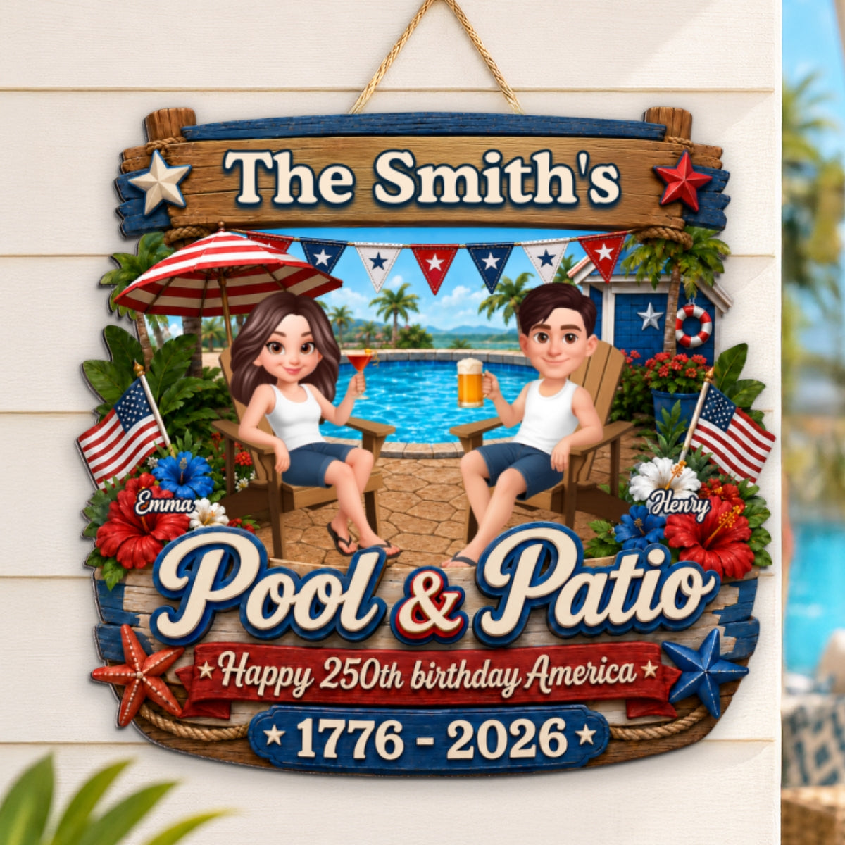 America 250th Anniversary Couple Pool & Patio - Personalized Wood Sign - Summer Pool Patio Decoration