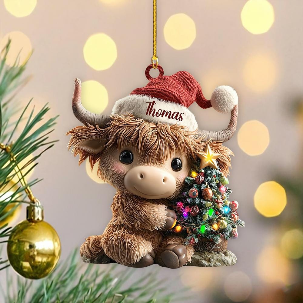 Personalized Highland Cow Christmas Ornament, Highland Cow Ornament Hanging, Funny Cattle Ornament, Highland Cow Lovers Gift