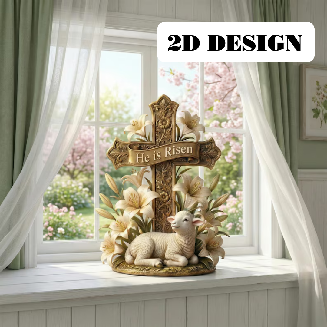 He Is Risen Easter Cross Statue with Lamb & Lily flat 2D Wooden Block - Resurrection Scene Christian Figurine - Pastor Gift.