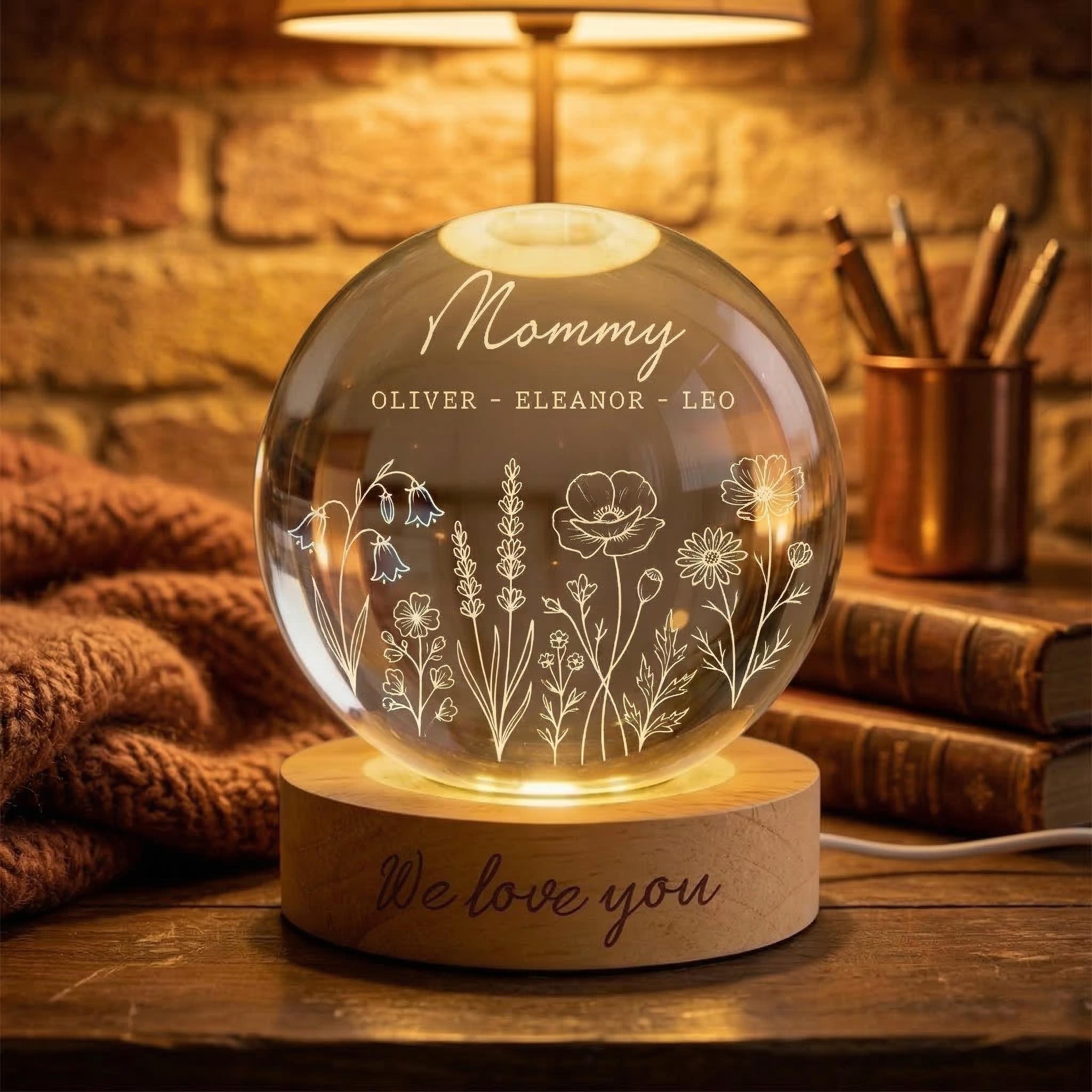 Personalized Wildflower Crystal LED Ball – Mom & Grandma Night Light