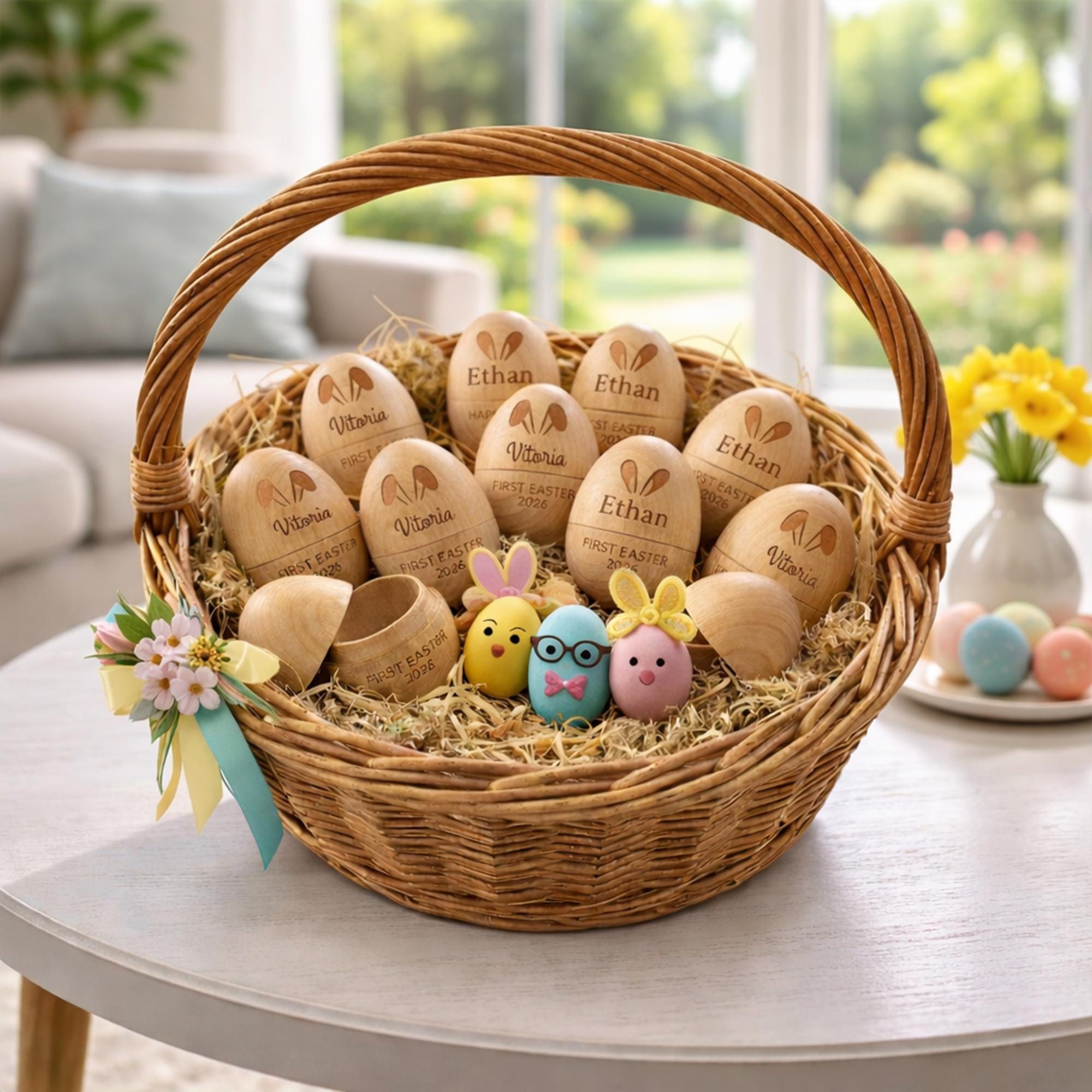 Personalized Wooden Easter Egg - Custom Name & Year, Baby Girl Easter Gift, Modern Keepsake Basket for Kids