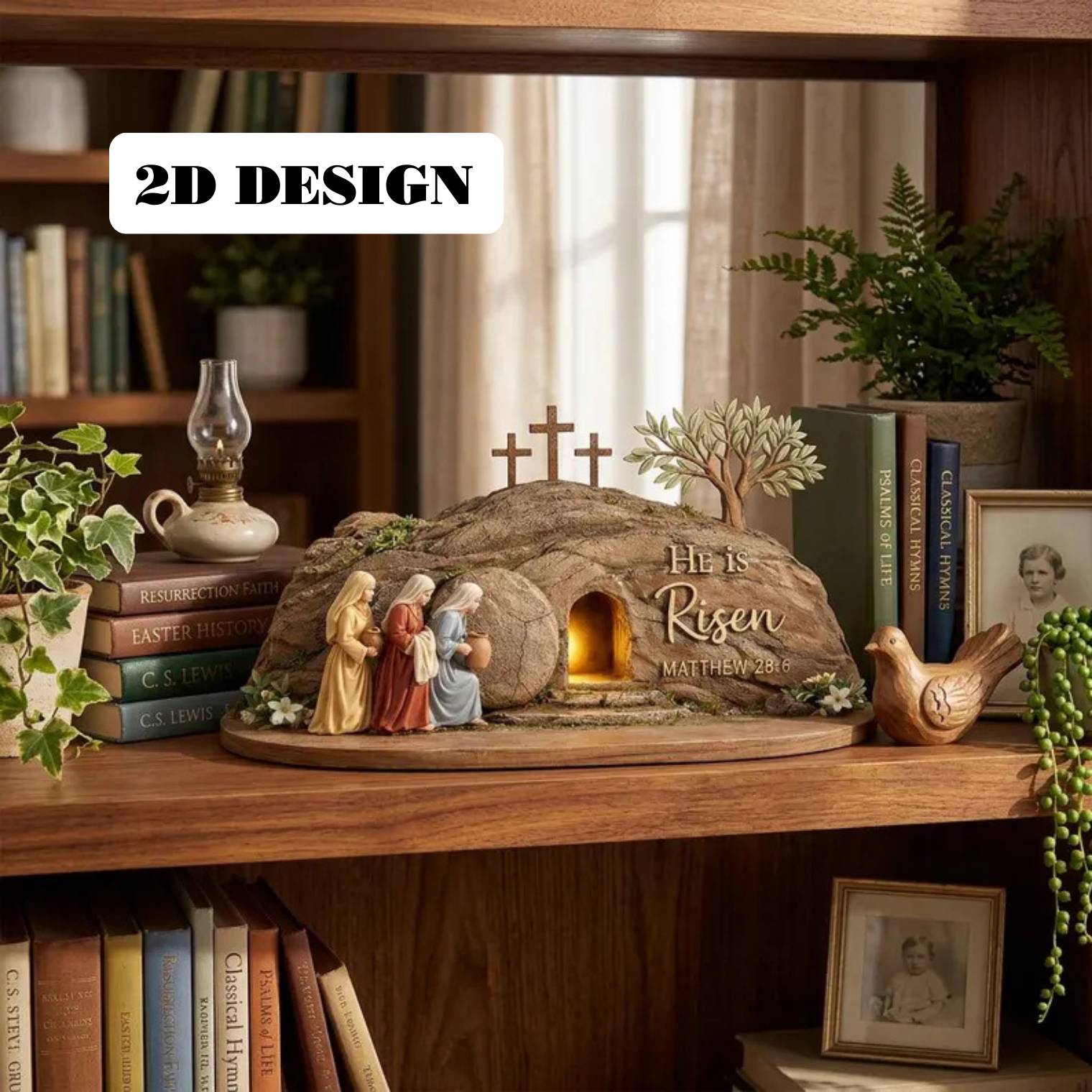 4 Layers Empty Tomb Easter Wooden Display – He Is Risen Cross Shelf Sign