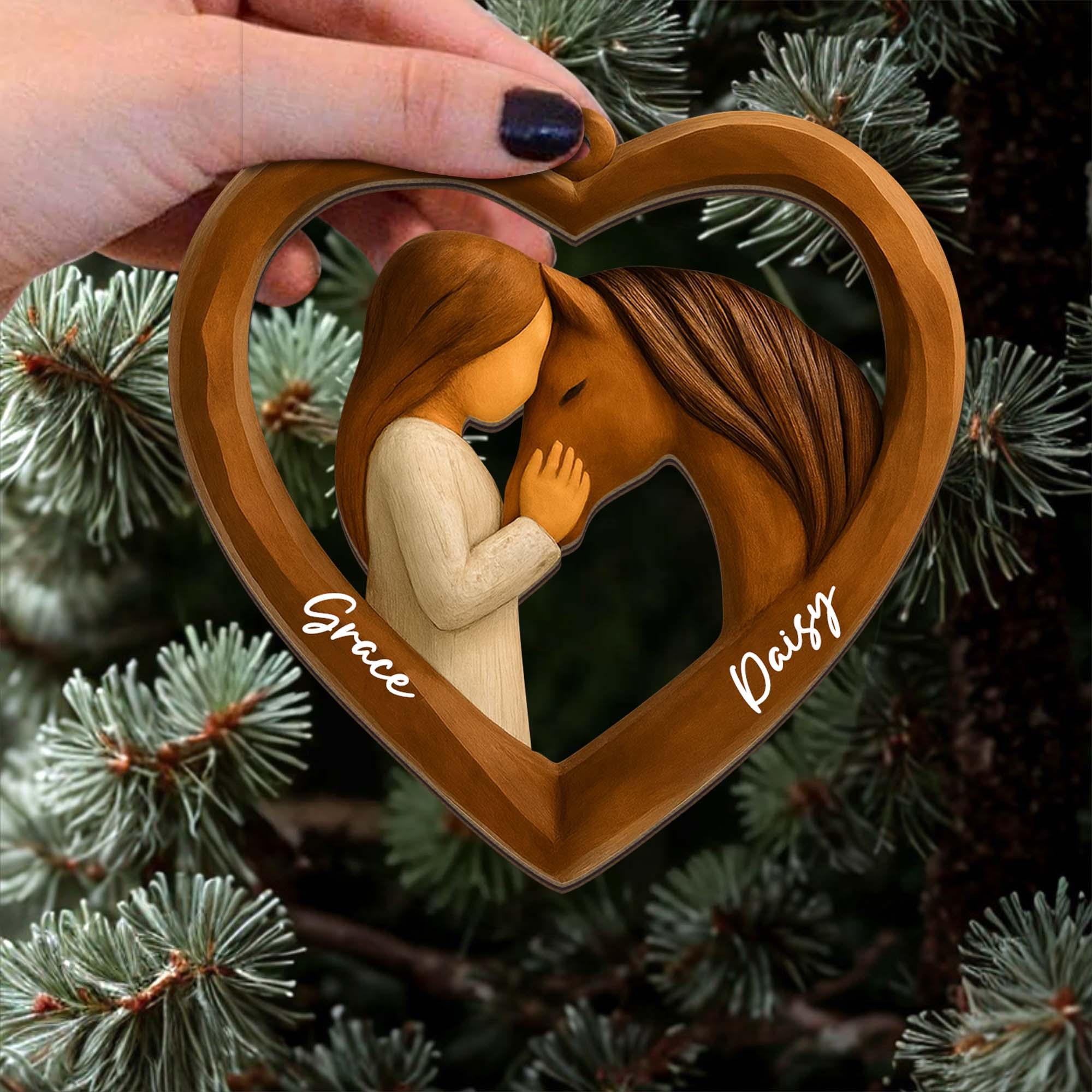 Personalized Horse and Girl Heart 2 layered Wooden Ornament, Carving Horse Lover Acrylic - Wooden Ornament, Gift for Women and Horse Owners