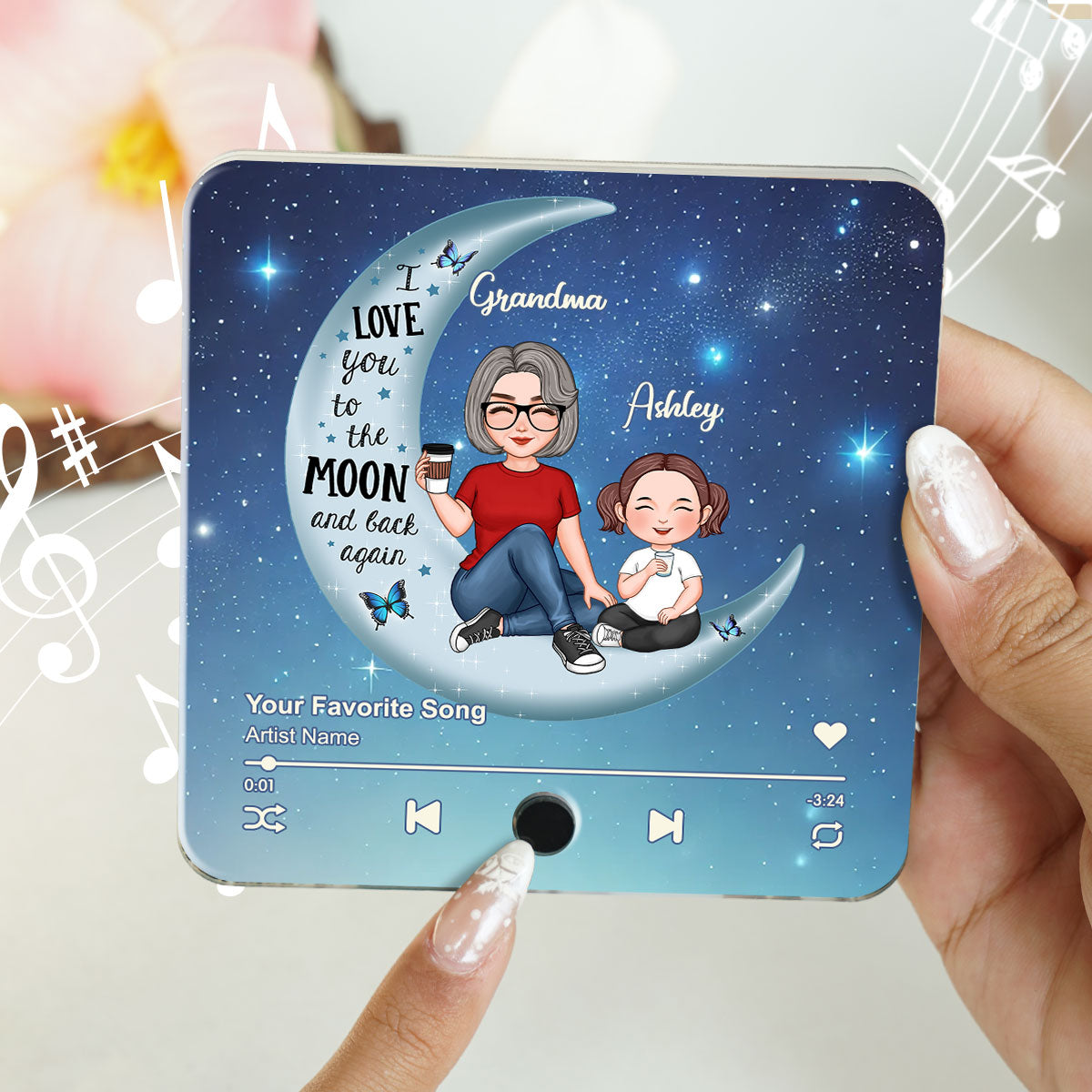 Cute Grandma Grandkids On Moon Personalized Music Fridge Magnet, Heartfelt 2025 Gift Birthday Gift For Mom For Grandma