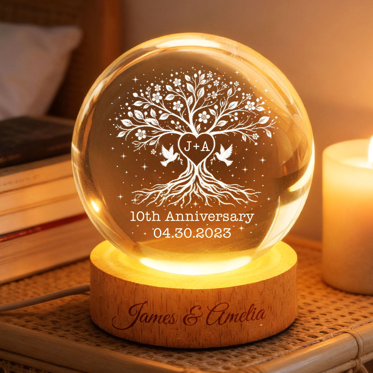 Wedding Anniversary Tree of Life - Personalized Crystal Ball LED Night Light - Heartfelt Gift for Her, Gift for Him