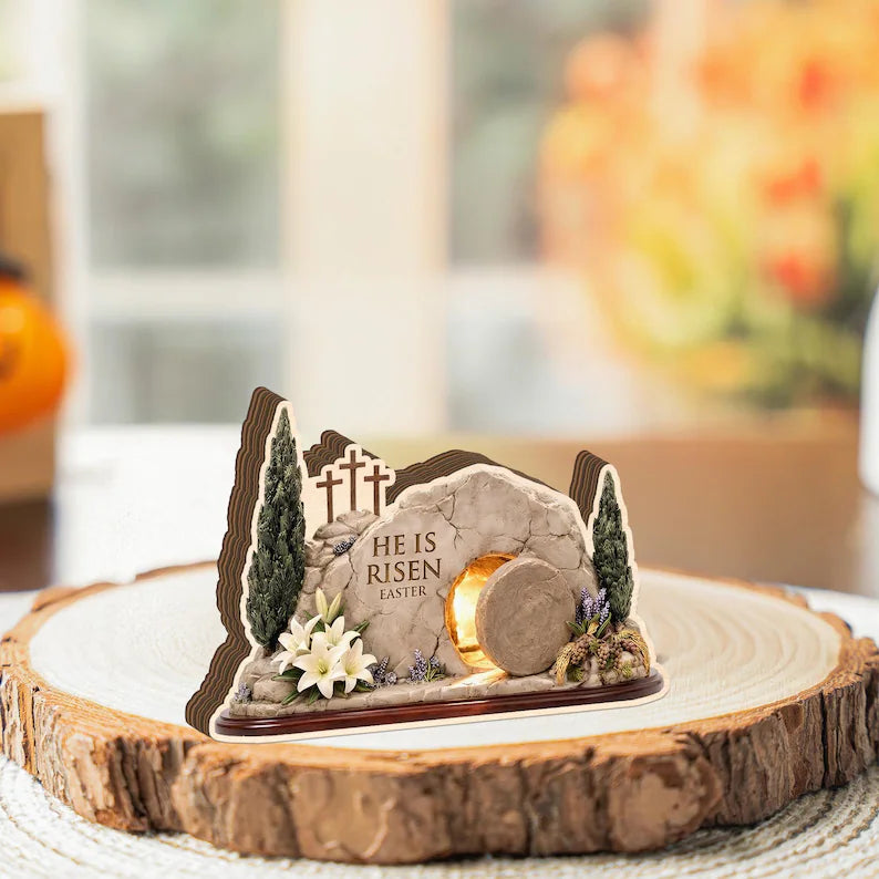 He Is Risen Empty Tomb flat 2D Wooden Block, Resurrection Scene, Religious Easter Gift