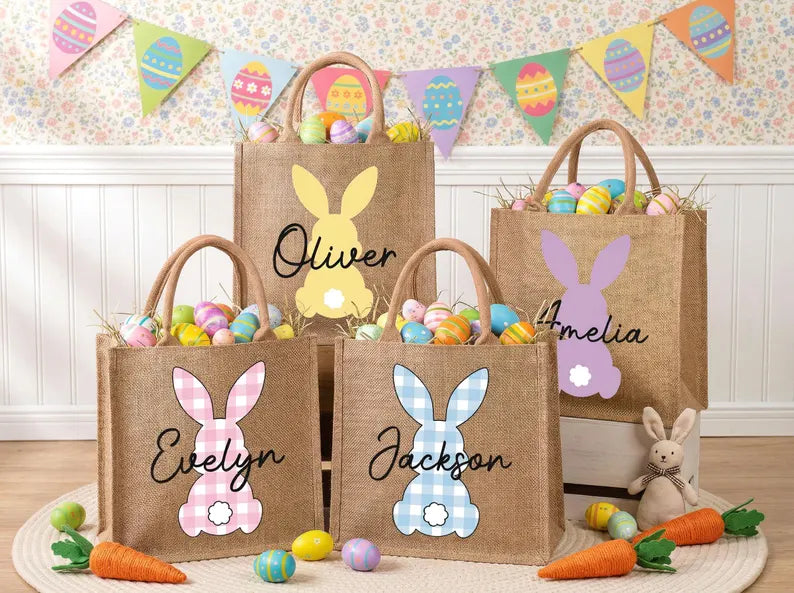 Personalized Easter Jute Tote Bag with Bunny Design – Kids Egg Hunt Carrier