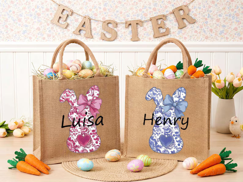 Personalized Easter Jute Tote Bag with Bunny Design – Kids Egg Hunt Carrier