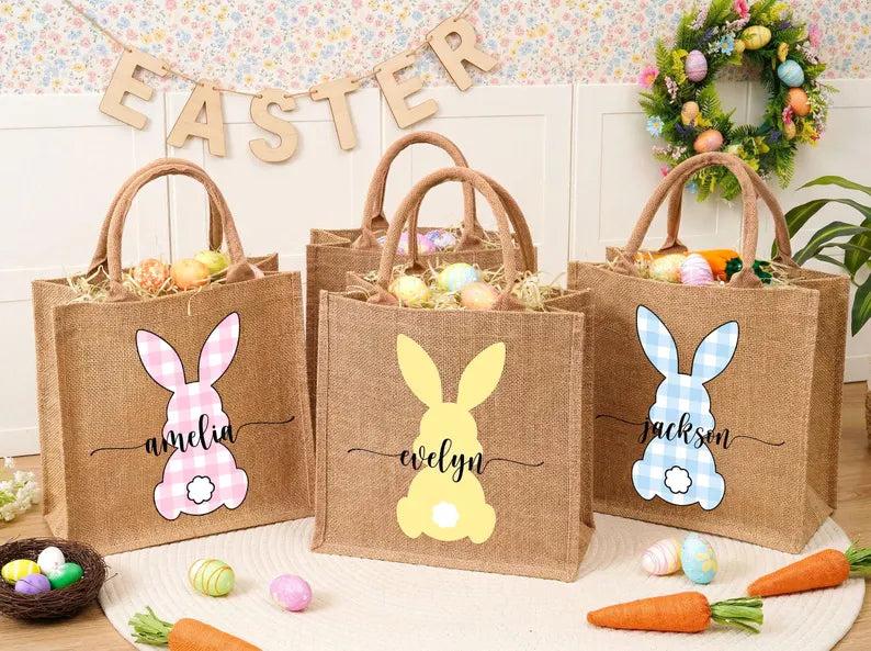 Personalized Easter Jute Tote Bag with Bunny Design – Kids Egg Hunt Carrier