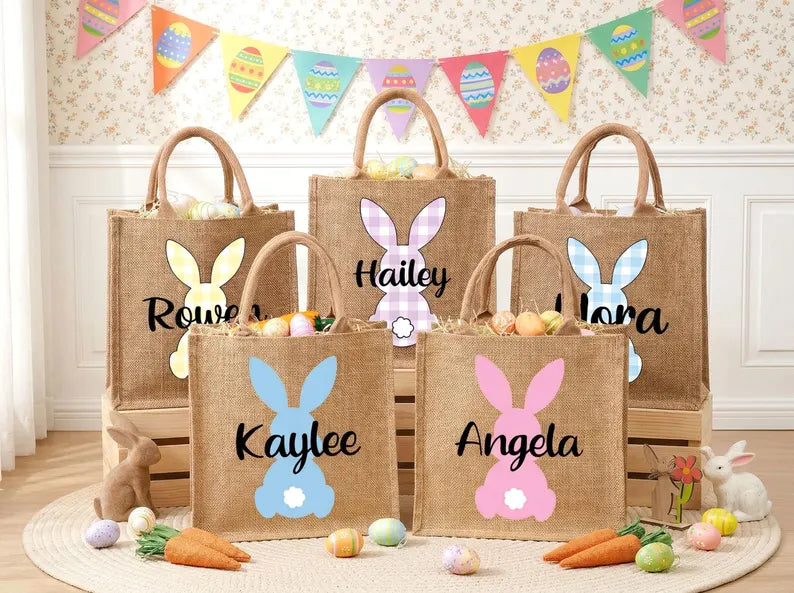 Personalized Easter Jute Tote Bag with Bunny Design – Kids Egg Hunt Carrier