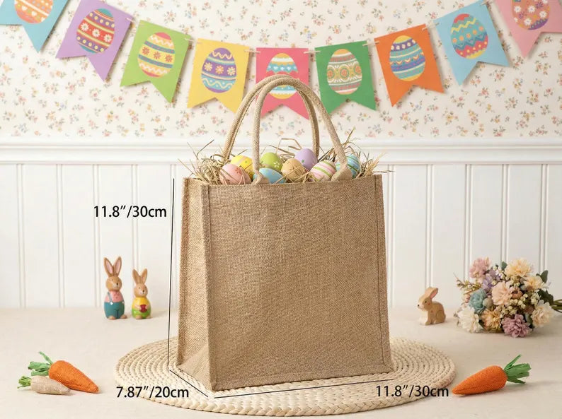 Personalized Easter Jute Tote Bag with Bunny Design – Kids Egg Hunt Carrier