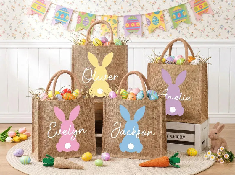 Personalized Easter Jute Tote Bag with Bunny Design – Kids Egg Hunt Carrier