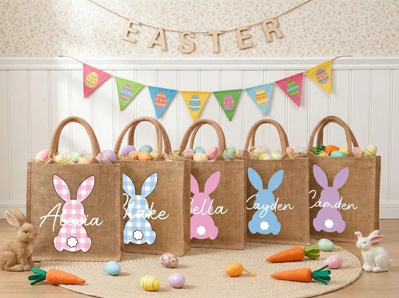 Personalized Easter Jute Tote Bag with Bunny Design – Kids Egg Hunt Carrier