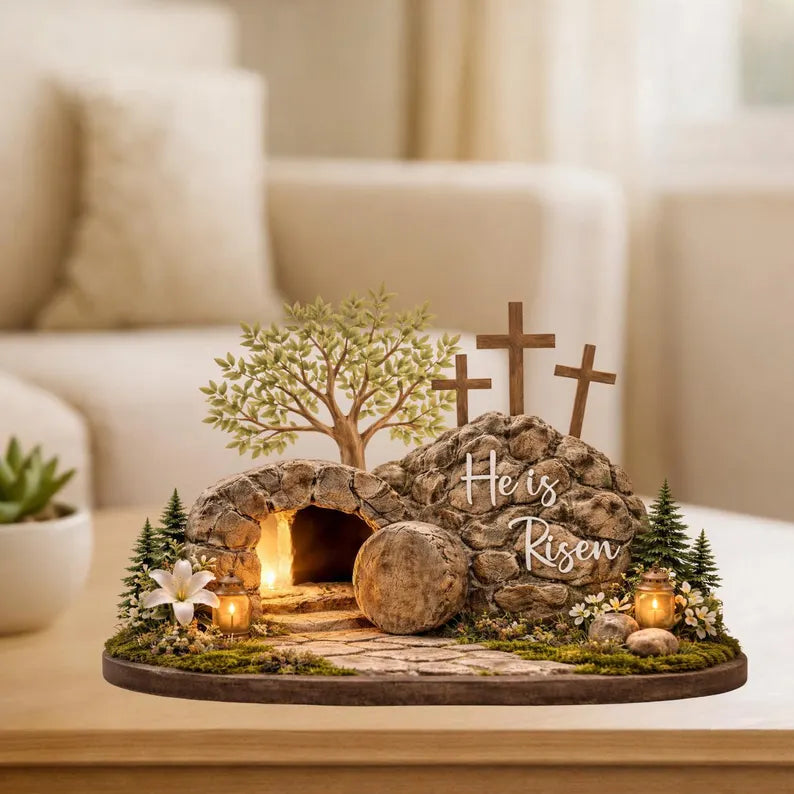 Easter He Is Risen 2D Wooden Sign – Resurrection Empty Tomb Scene