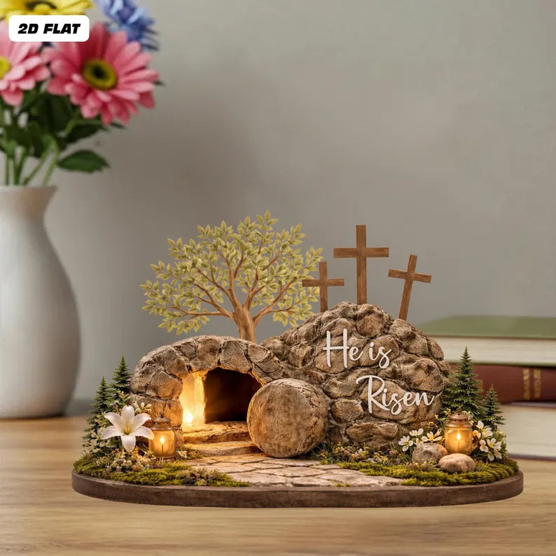 Easter He Is Risen 2D Wooden Sign – Resurrection Empty Tomb Scene