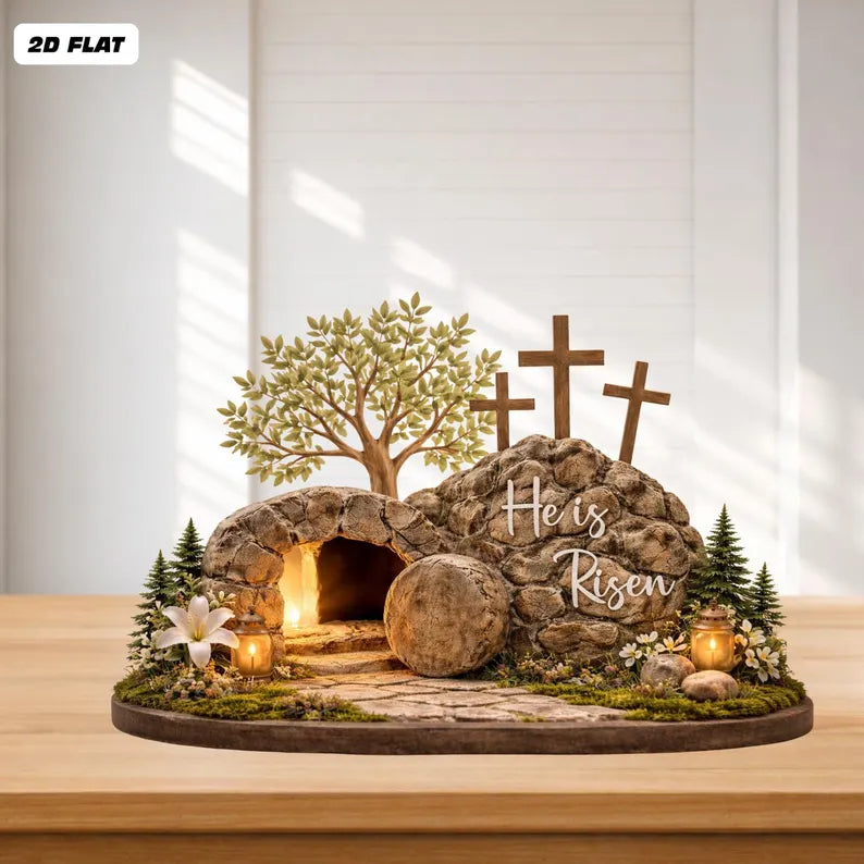 Easter He Is Risen 2D Wooden Sign – Resurrection Empty Tomb Scene