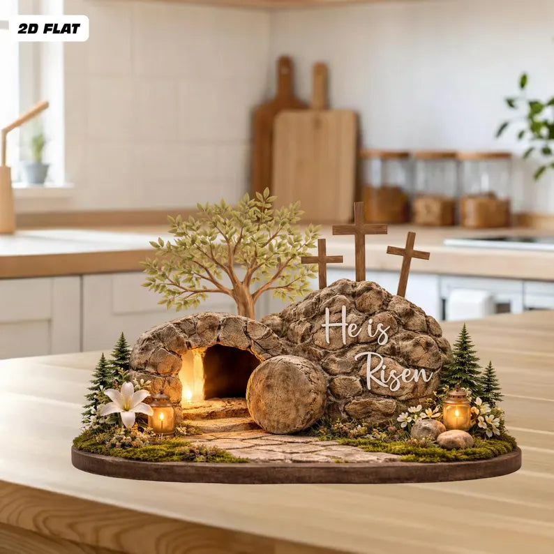 Easter He Is Risen 2D Wooden Sign – Resurrection Empty Tomb Scene