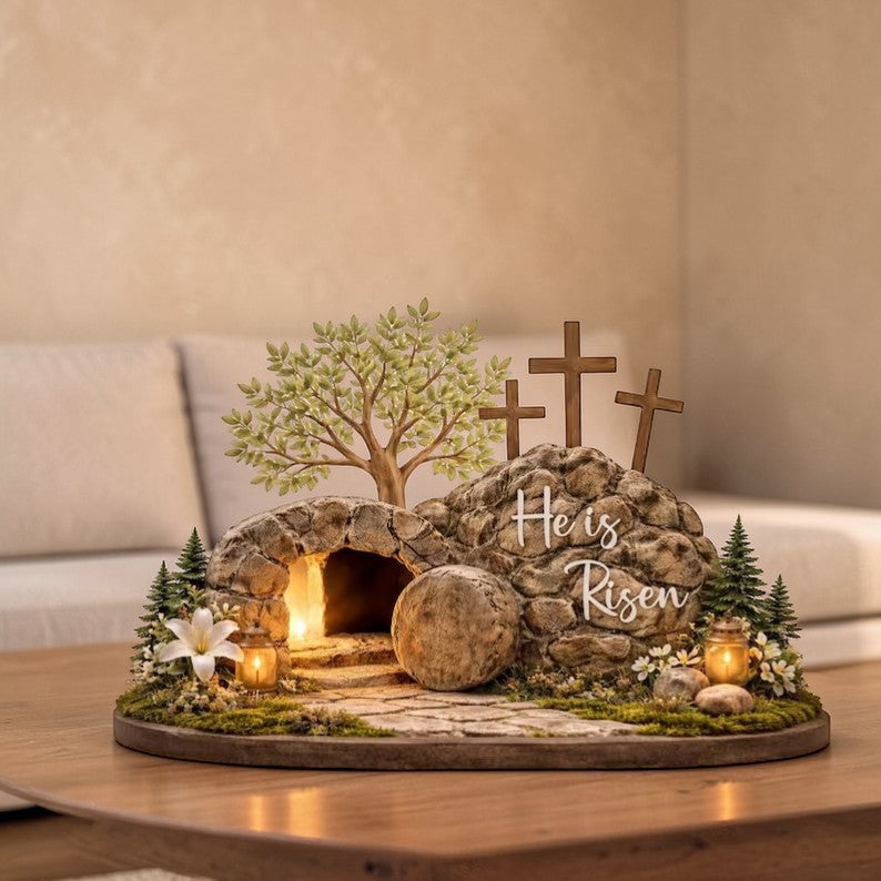 Easter He Is Risen 2D Wooden Sign – Resurrection Empty Tomb Scene