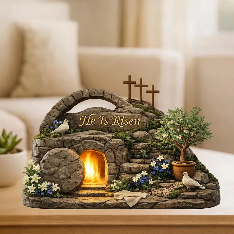 Easter He Is Risen 2D Lighted Tomb Diorama – Christian Resurrection Scene Decor
