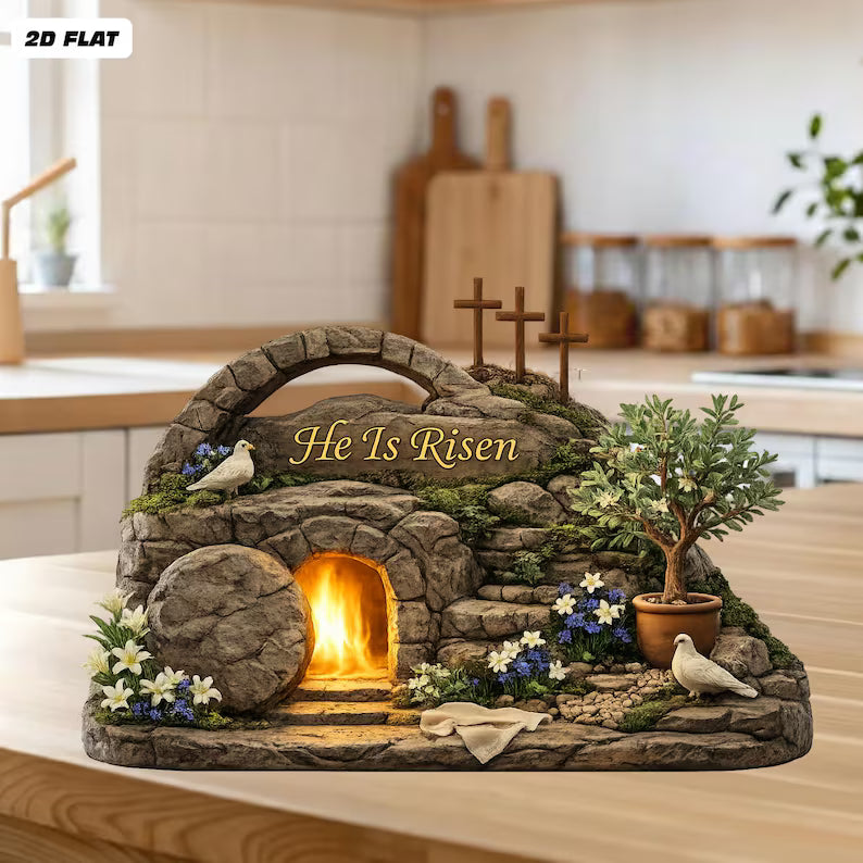 Easter He Is Risen 2D Lighted Tomb Diorama – Christian Resurrection Scene Decor