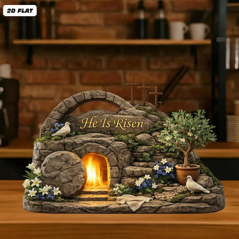 Easter He Is Risen 2D Lighted Tomb Diorama – Christian Resurrection Scene Decor