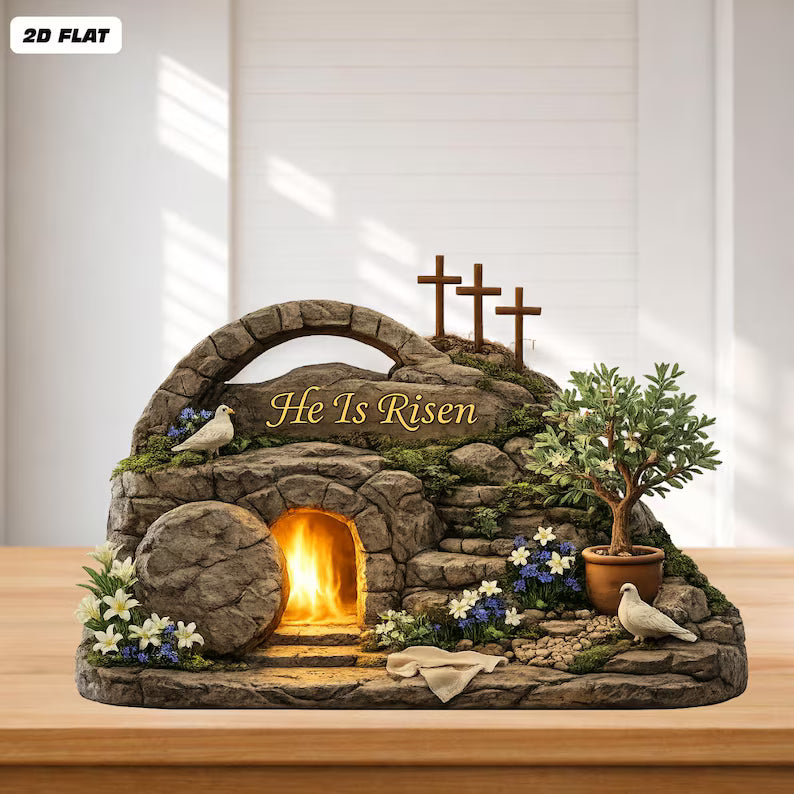 Easter He Is Risen 2D Lighted Tomb Diorama – Christian Resurrection Scene Decor
