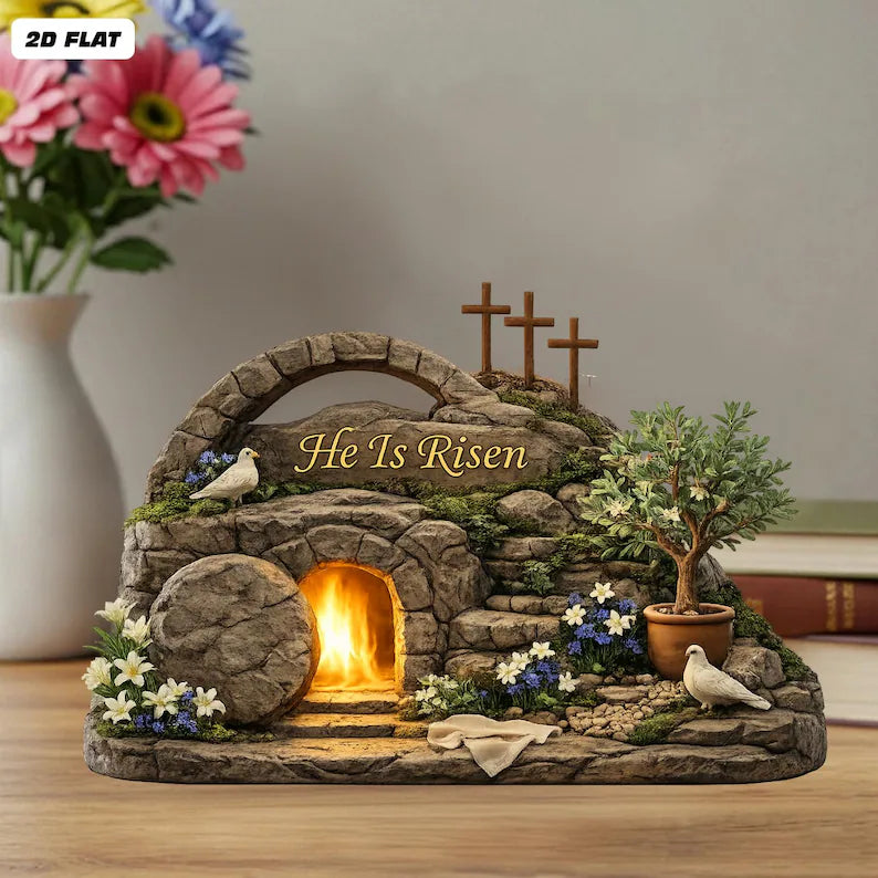 Easter He Is Risen 2D Lighted Tomb Diorama – Christian Resurrection Scene Decor