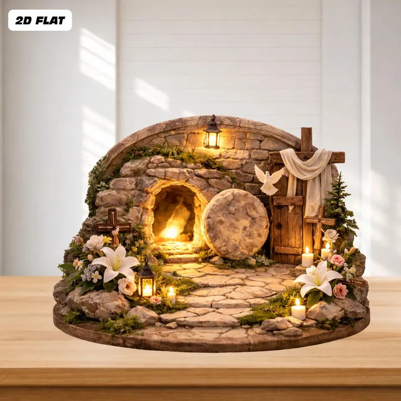 Easter Resurrection Tomb 2D Wooden Block – Empty Grave Scene