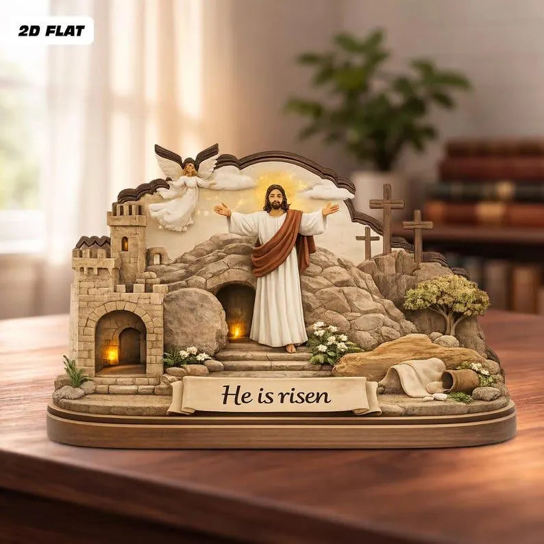 He Is Risen Wooden Block Decor – Resurrection of Jesus Art