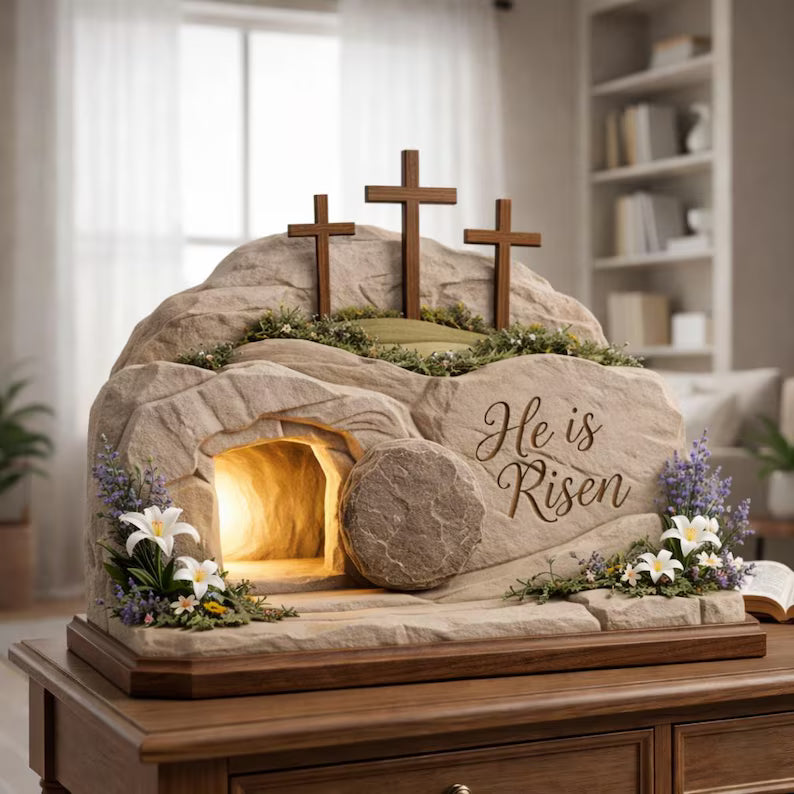 He Is Risen Empty Tomb – Resurrection Scene Wooden Easter Display