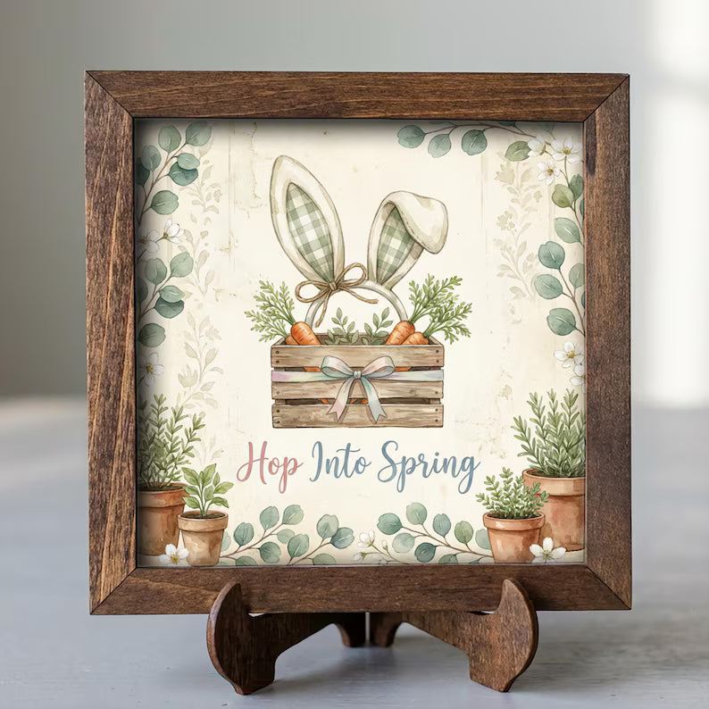 Rustic Wood Framed Easter Decor – Bunny Ears Carrots Spring Sign