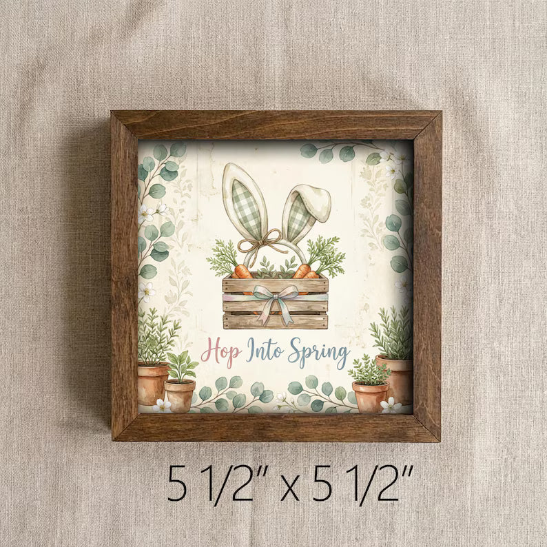 Rustic Wood Framed Easter Decor – Bunny Ears Carrots Spring Sign