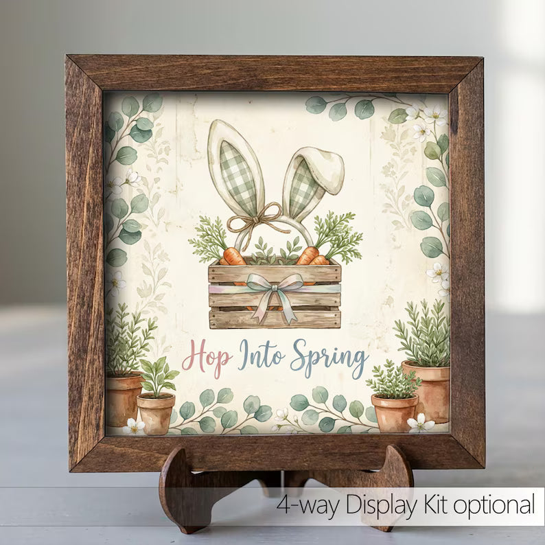 Rustic Wood Framed Easter Decor – Bunny Ears Carrots Spring Sign