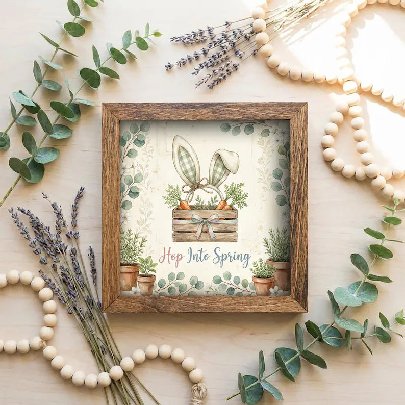 Rustic Wood Framed Easter Decor – Bunny Ears Carrots Spring Sign