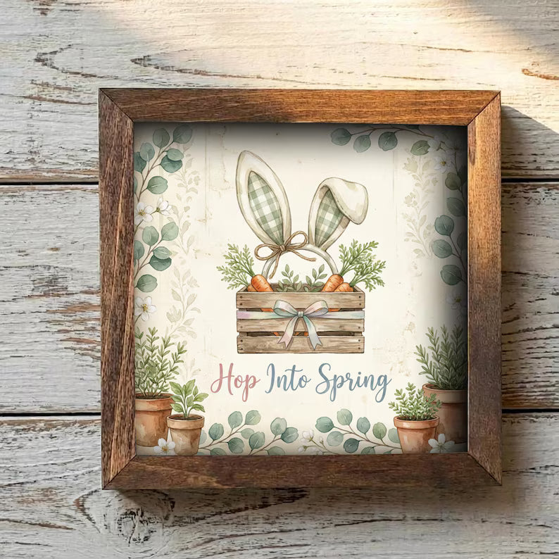 Rustic Wood Framed Easter Decor – Bunny Ears Carrots Spring Sign