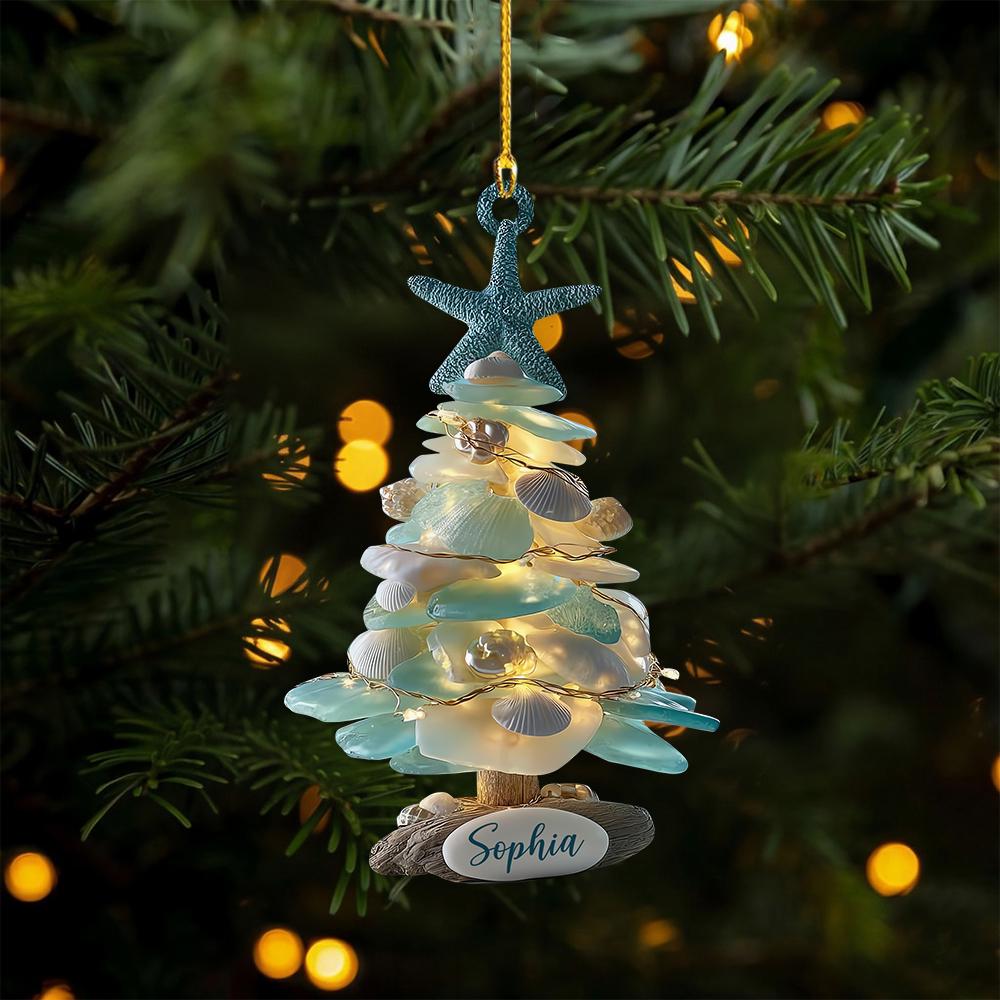 Personalized Sea Glass 2D Flat Christmas Tree Ornament, Coastal Ornament, Beach Christmas, Ocean Lover Gift, Holiday Gift For Beach Lovers