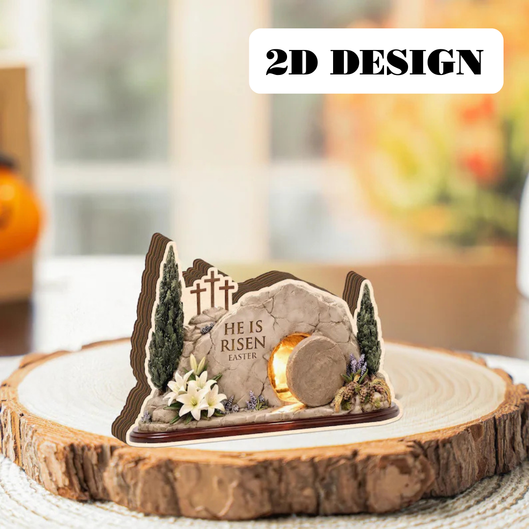 He Is Risen Empty Tomb flat 2D Wooden Block, Resurrection Scene, Religious Easter Gift