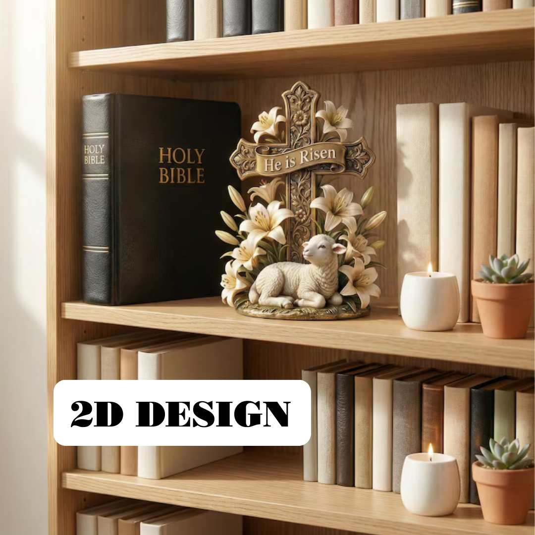 He Is Risen Easter Cross Statue with Lamb & Lily flat 2D Wooden Block - Resurrection Scene Christian Figurine - Pastor Gift.