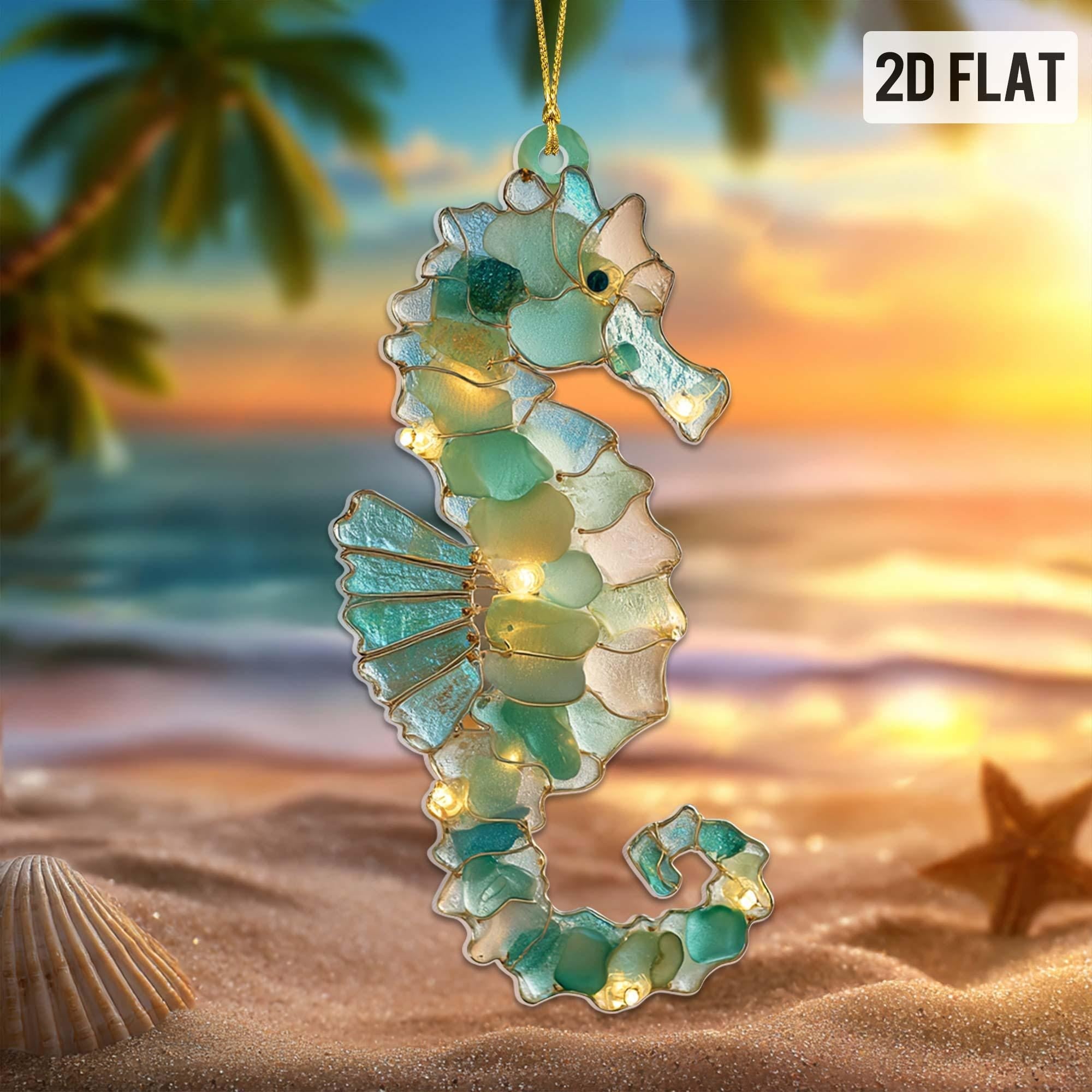 Sea Glass Ocean Ornament Set, 2D Flat Turtle Crab Shell Seahorse Christmas Decorations, Coastal Beach Decor, Sea Animal Christmas Deco