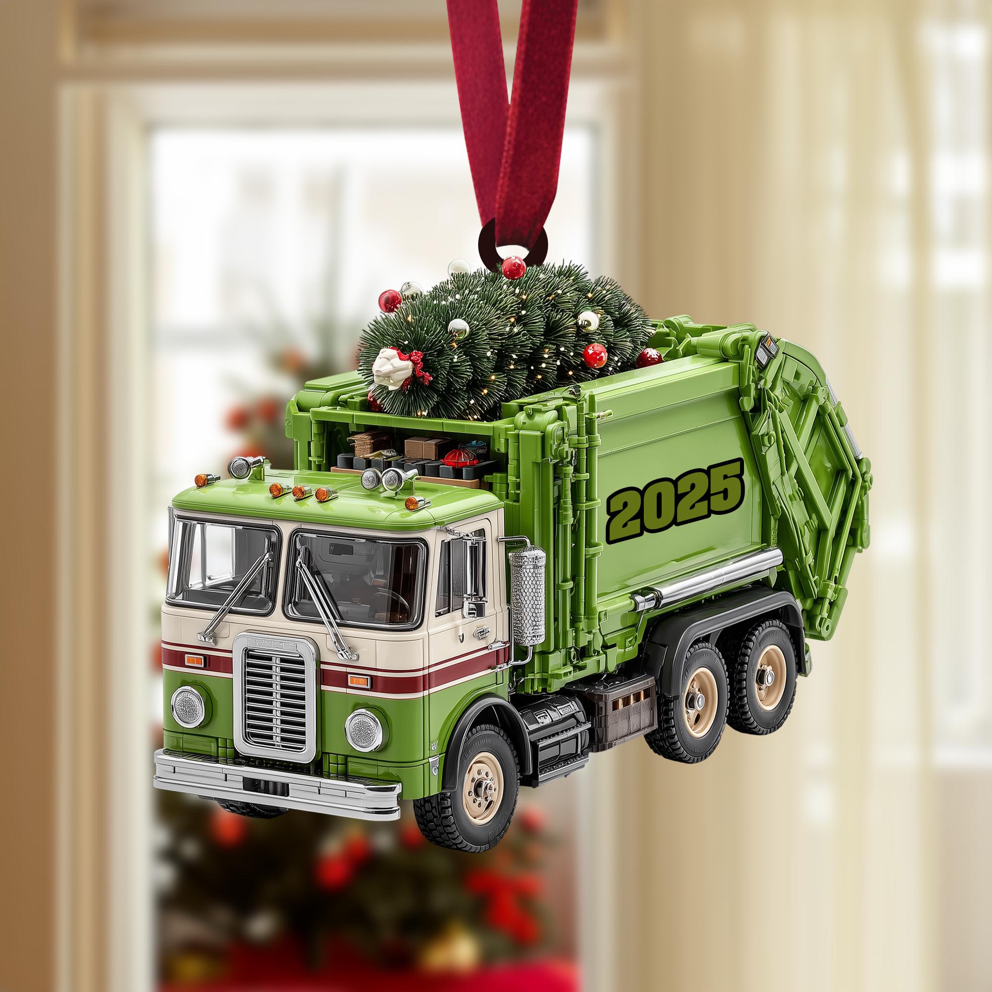 Garbage Truck Christmas Ornament, Green Sanitation Truck with Christmas Tree, Personalized Name Year, Recycling Worker Gift, Holiday 2025