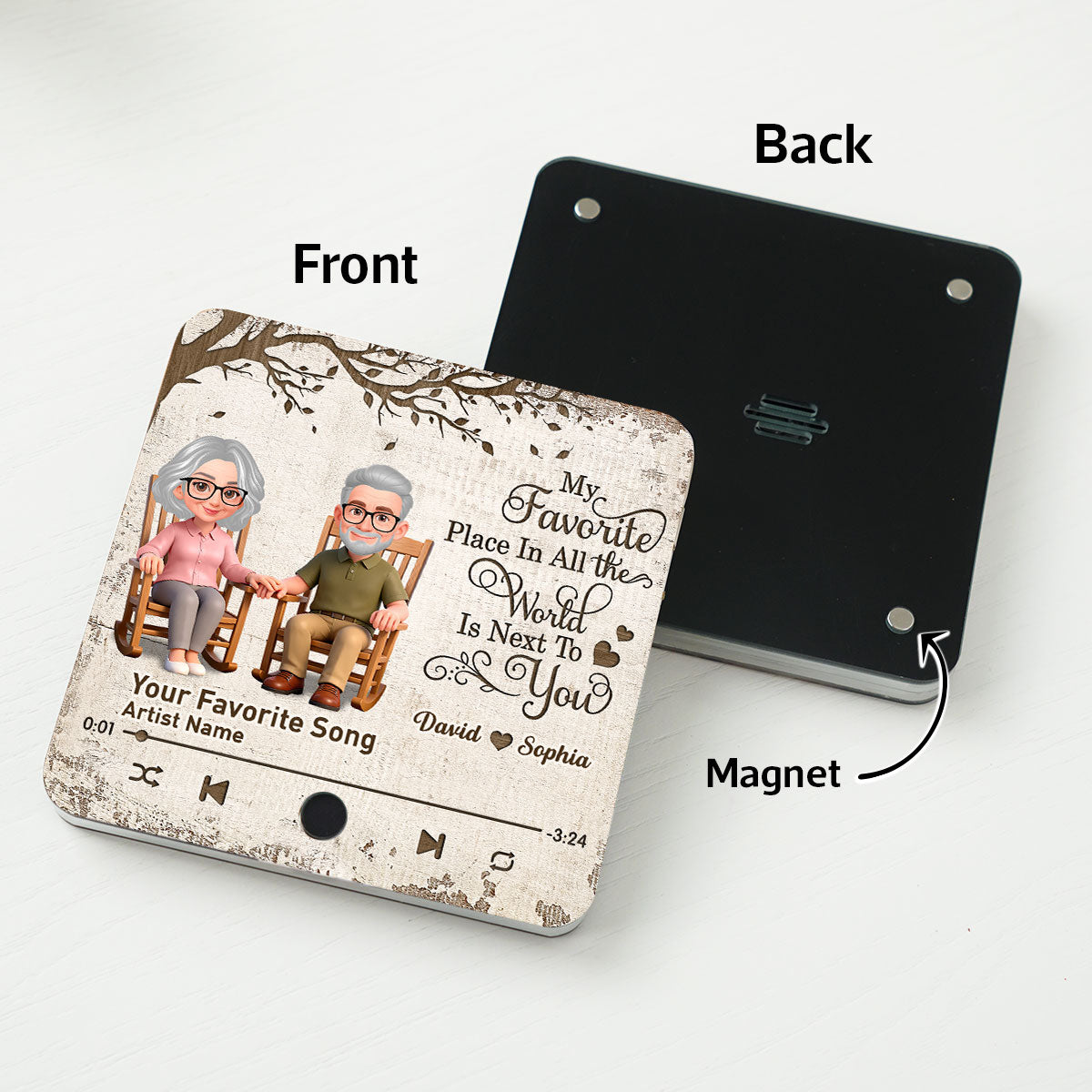 Old Couple On Rocking Chair Under Tree - Personalized Music Fridge Magnet - Anniversary Gift For Him, For Her