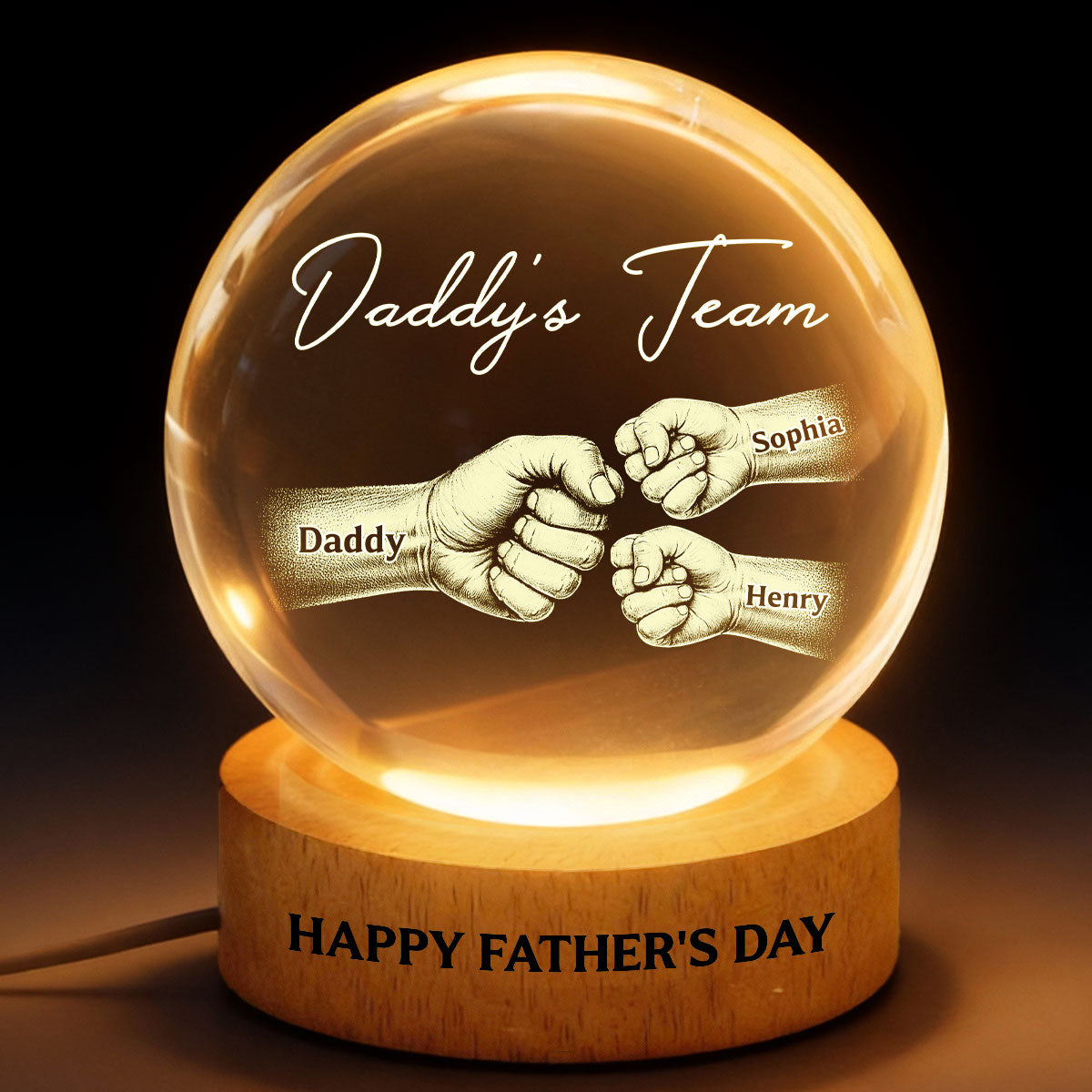Daddy's Team Fist Bump - Personalized Crystal Ball LED Night Light -  Gift For Dad, Husband