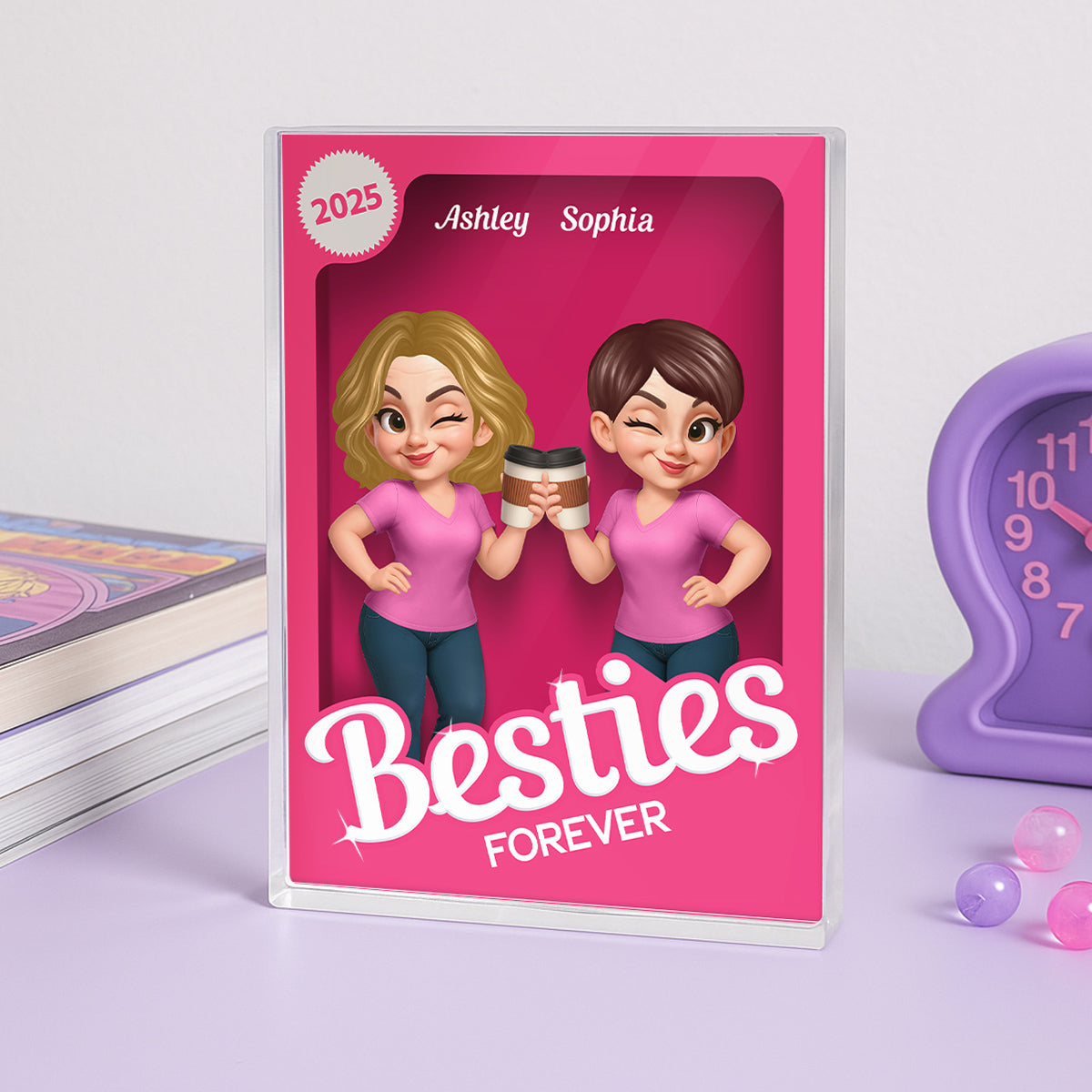 Besties Forever Pink Action Figure 3D Effect - Personalized Acrylic Block Plaque - Meaningful Gift For Best Friend