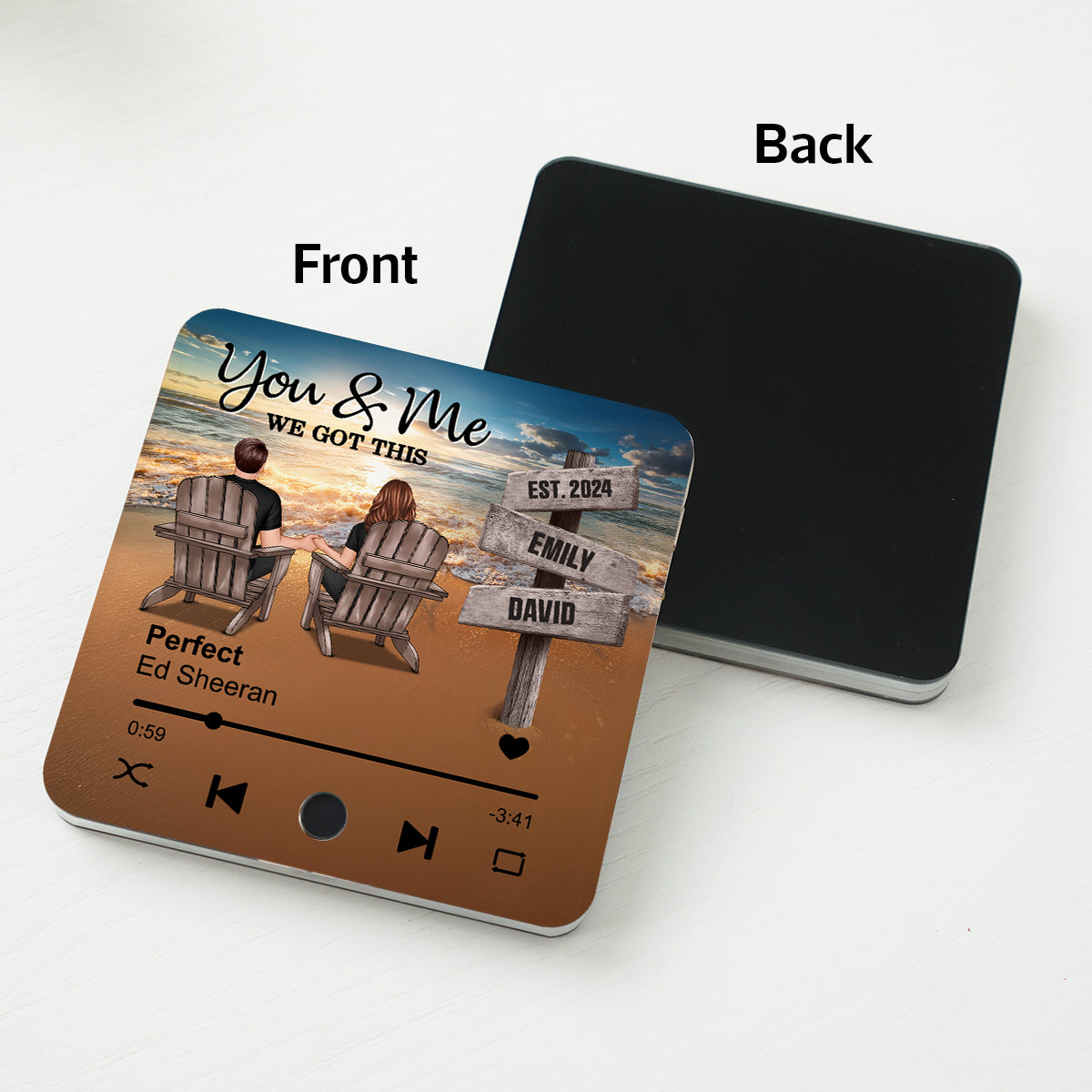 Romantic Beach Landscape Couple Sitting Holding Hands Sign Posts - Personalized Music Fridge Magnet - Heartfelt Gift For Couple, For Him, For Her, Husband, Wife
